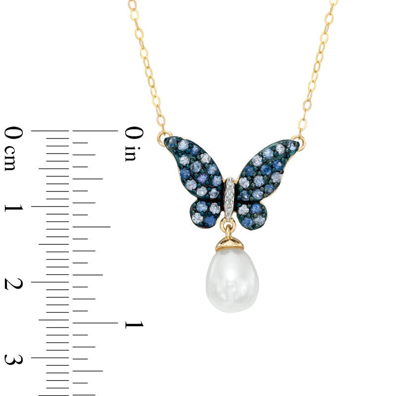 9.0 mm 淡水養殖真珠、ブルー サファイア、天然ダイヤモンド アクセント バタフライ ネックレス (10K イエロー ゴールド) - 16.5